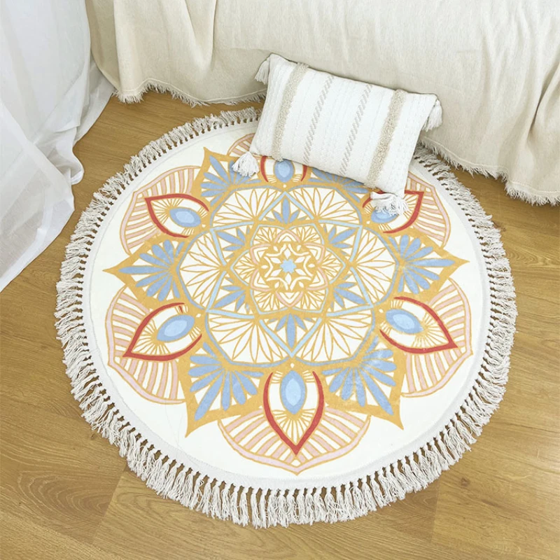 Bohemia Tassel Carpet Machine WashableRetro Floral Round Bedroom Fluffy Rug Home Decoration Abstract No Crease Mat Ковер 러그