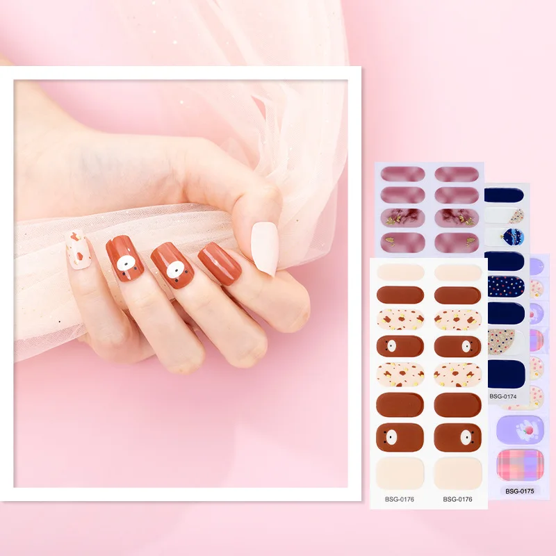 16Tips Semi-Uitgeharde Gel Nagelstickers 3d Bronzing Fototherapie Nagellak Olie Lijm Zelfklevende Manicure Patches Nail Art Decoraties