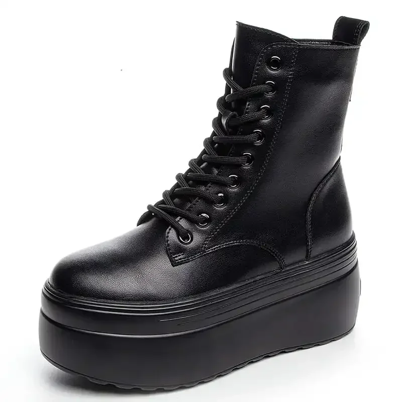 Heiße verkäufe 8CM nicht-slip Echtes Leder Plattform Keil Turnschuhe Super Hohe Motorrad Stiefeletten Herbst Winter Plüsch Frauen schuhe