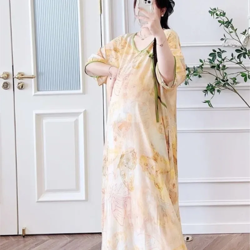 妊婦の新しい中国プリントドレスマタニティ夏半袖多機能ドレスマタニティラウンドネックドレスlj344