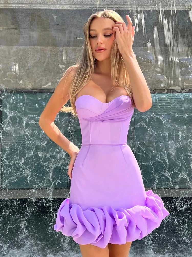 Sexy Spaghetti Strap Lace Mesh Ruffle Edge Mini Dress Women Violet Pink Sleeveless Ruffled Slim Stain Dress Prom Cocktail Dresse