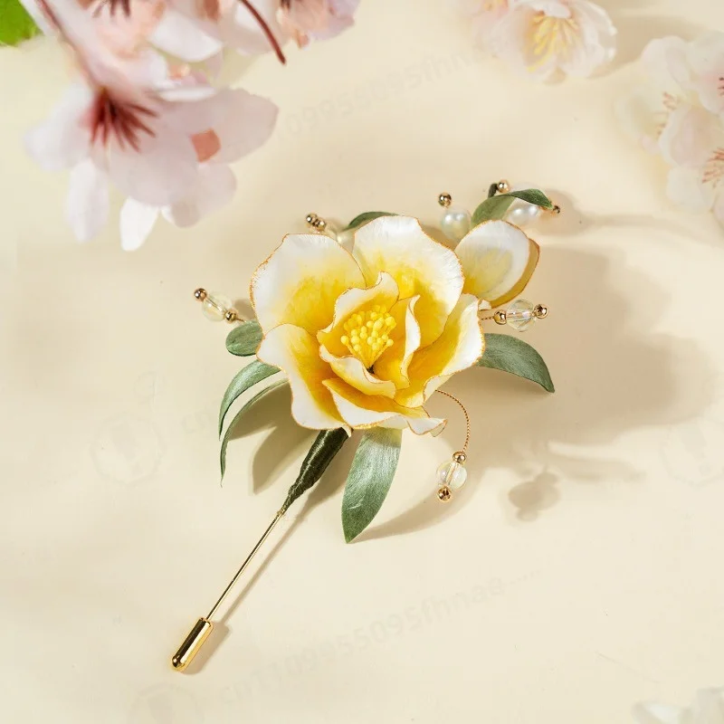 Handmade Mulberry Silk Golden Calendula Velvet Flower Brooch Chinese Style Gift for Mom