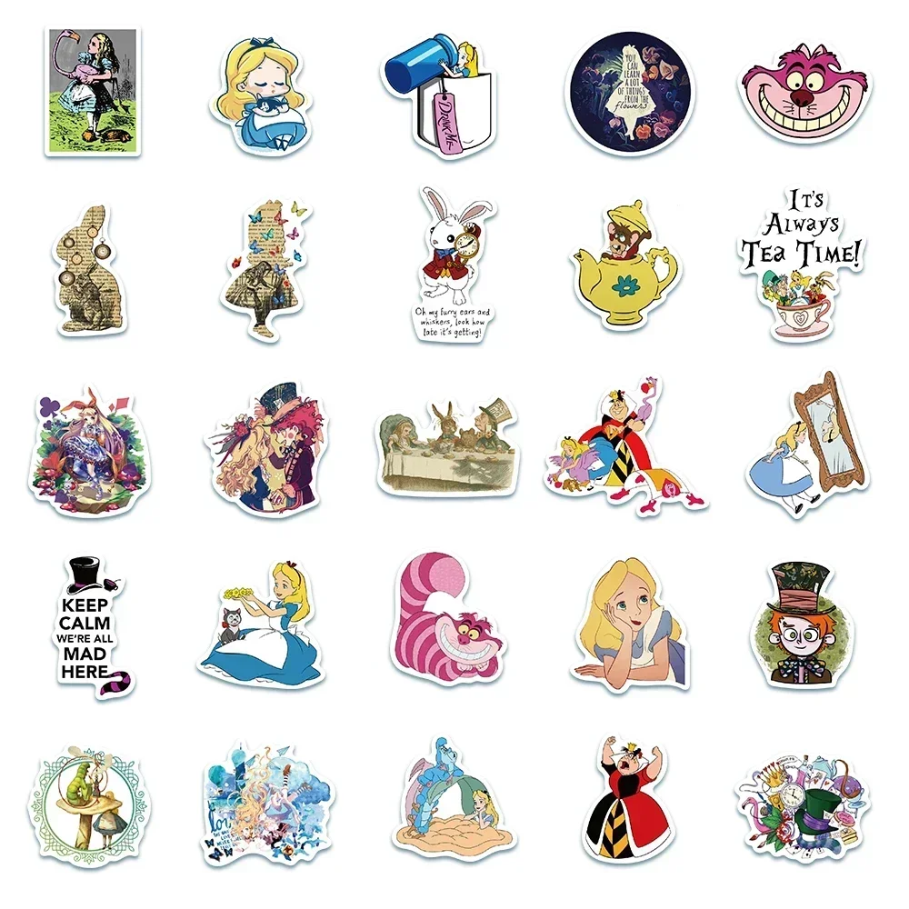 50pcs Alice in Wonderland Cartoon Stickers Disney Anime Cute Decals DIY Water Bottle Car Stationery Sticker Kid Party Gift