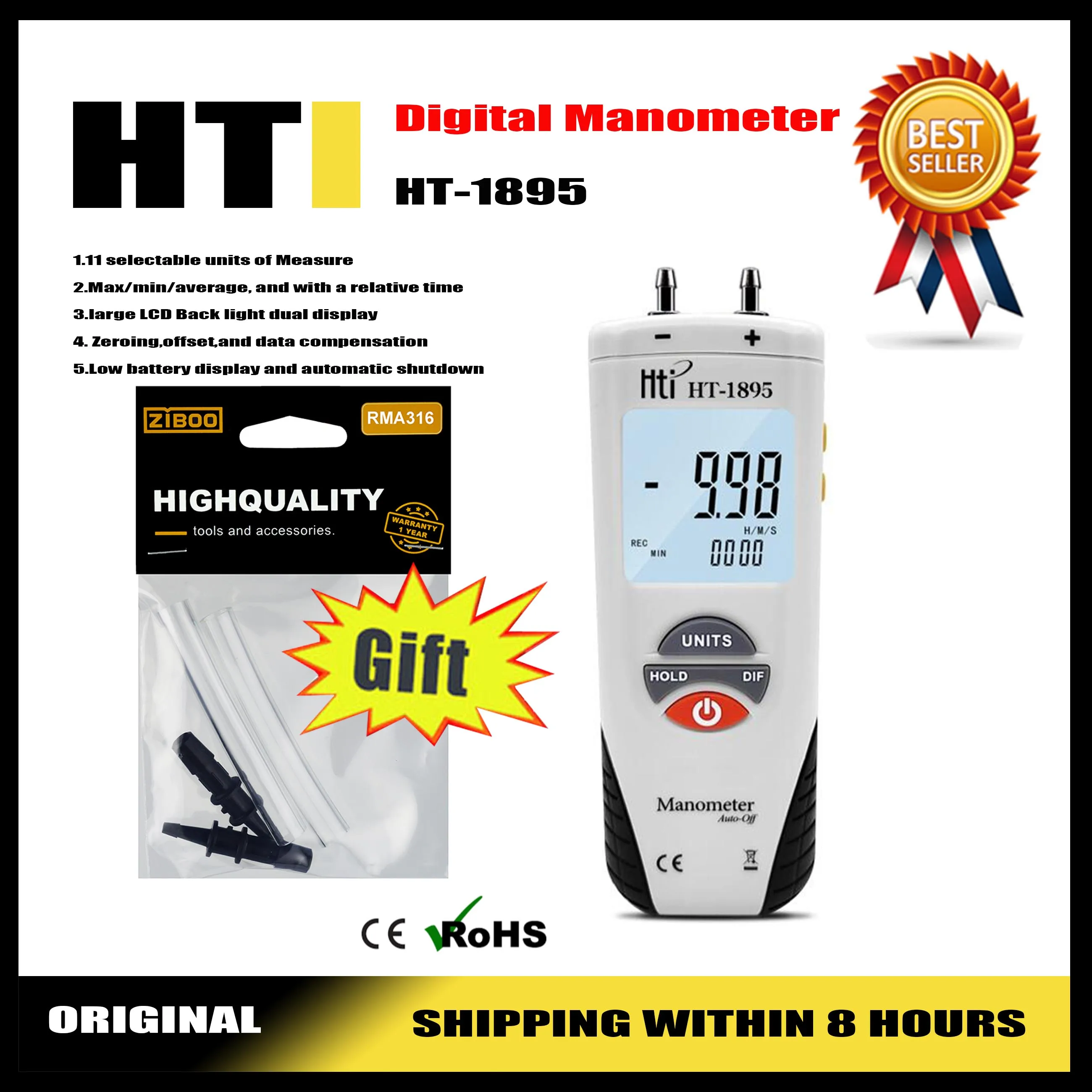 HTI HT-1895 Handheld Proable Digital Manometer Air Pressure Meter Differential Pressure Gauge Gas Pressue Tester LCD Display