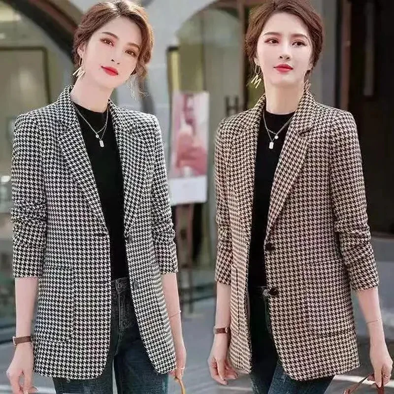 Spring Autumn Casual Suit Jacket Women 2024 New Loose Houndstooth Coat Fashion Blazer Single-Breasted Suits Outerwear Female