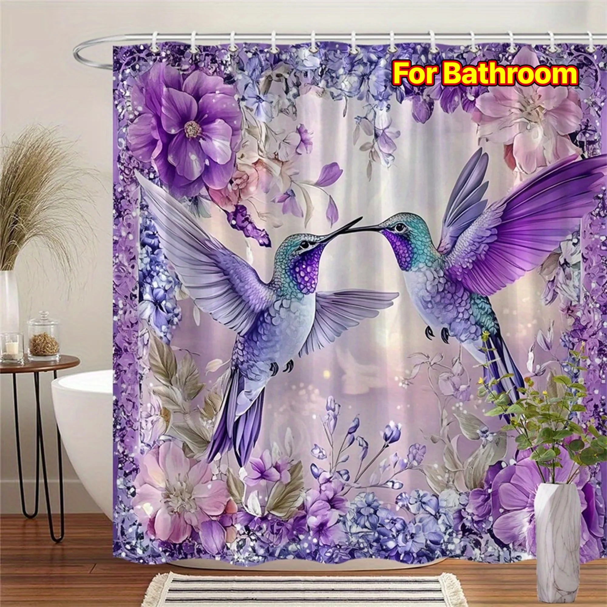 

Vibrant Hummingbird Floral Shower Curtain - Purple Pink Flower Romantic Art - Indoor Home Bathroom Decor Art Bath Curtain