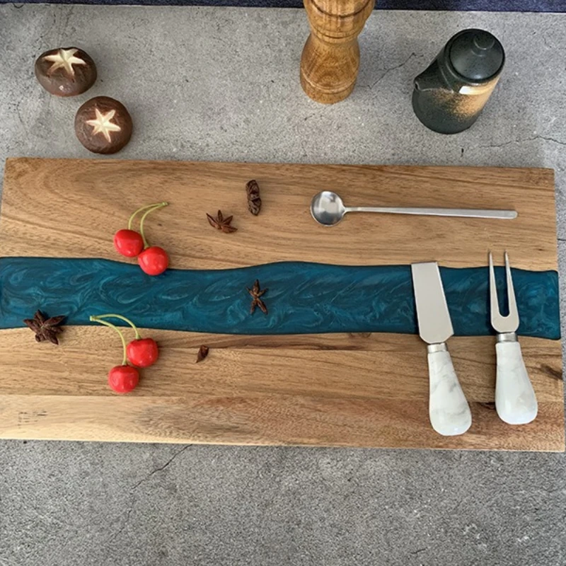 

Wave Resin Cutting Board, Wooden Charcuterie Board with Ocean Design, Reversible Kitchen Chopping Block for Meat/Fruit