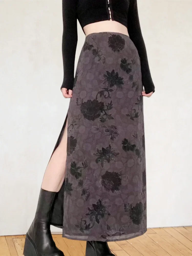 Faldas largas de cintura alta para mujer, faldas con abertura Floral, estilo gótico Grunge Y2K, ropa de calle informal y Bohemia