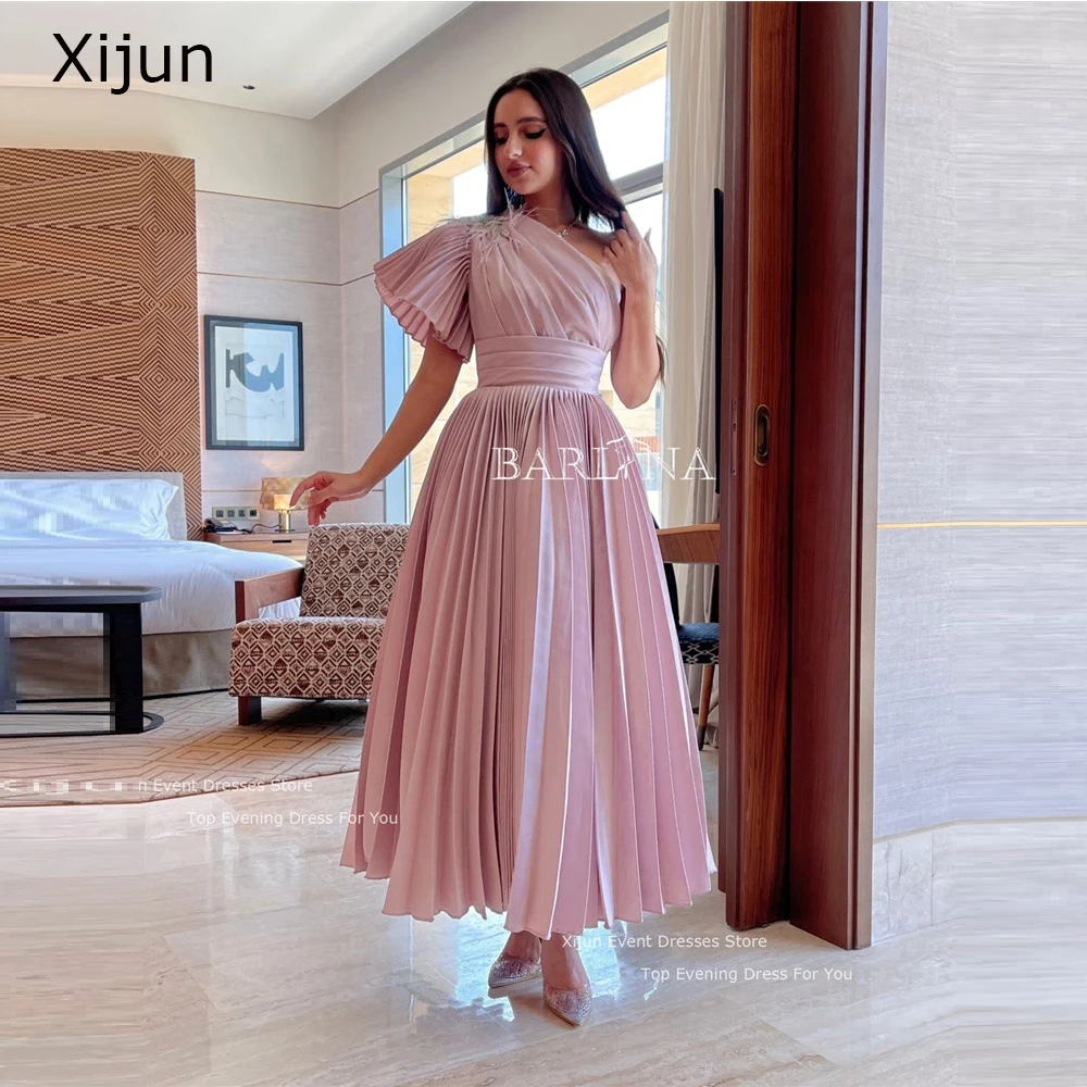 

Xijun Pink Gogerous Evening Dresses Short A-Line Prom Dresses Saudi Arabric Feather Prom Gowns Ankle Length Paty Gowns For Women