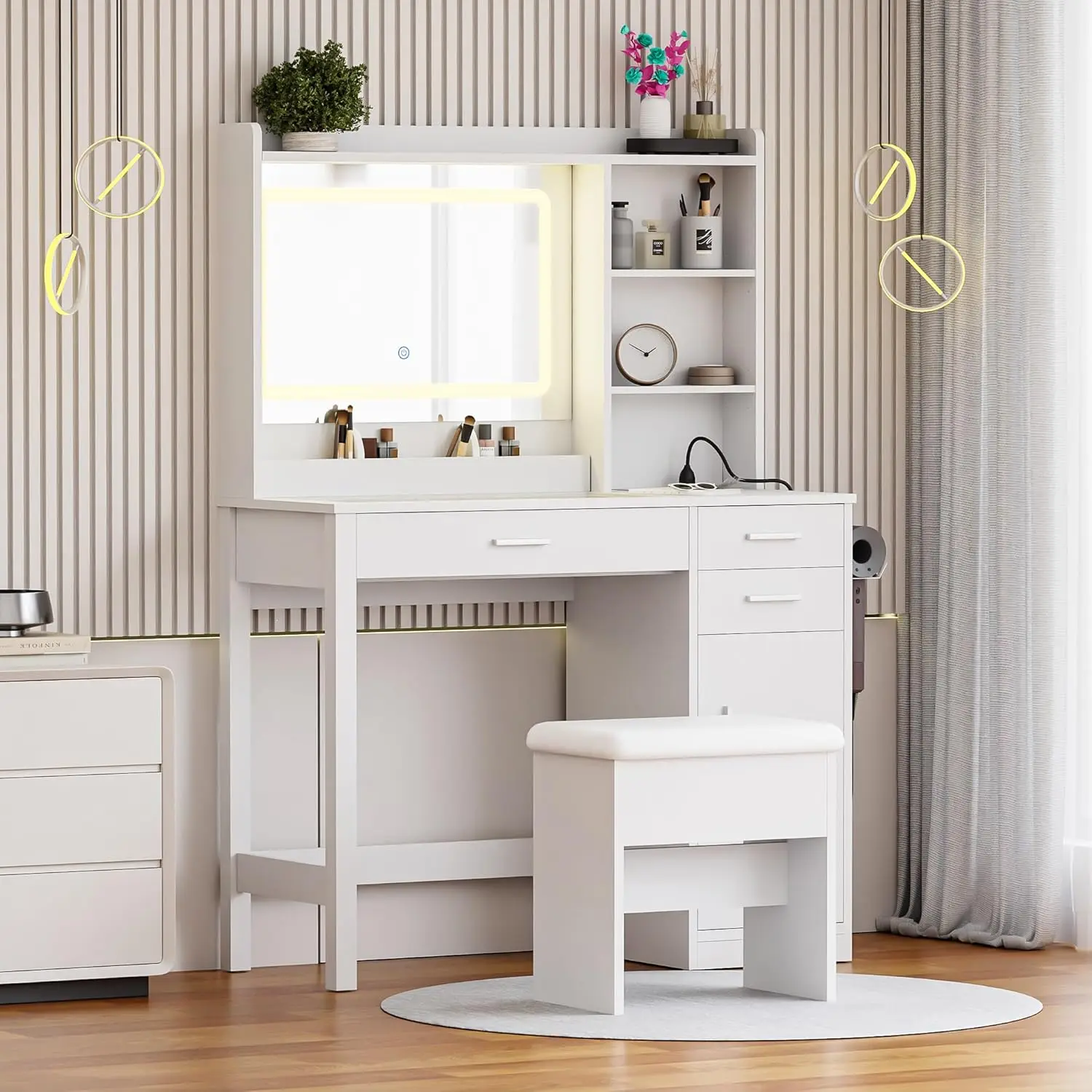 

White Vanity Desk with Mirror, LED Lights, USB & Outlet, 2 Drawers, Adjustable Shelves, Glass Top