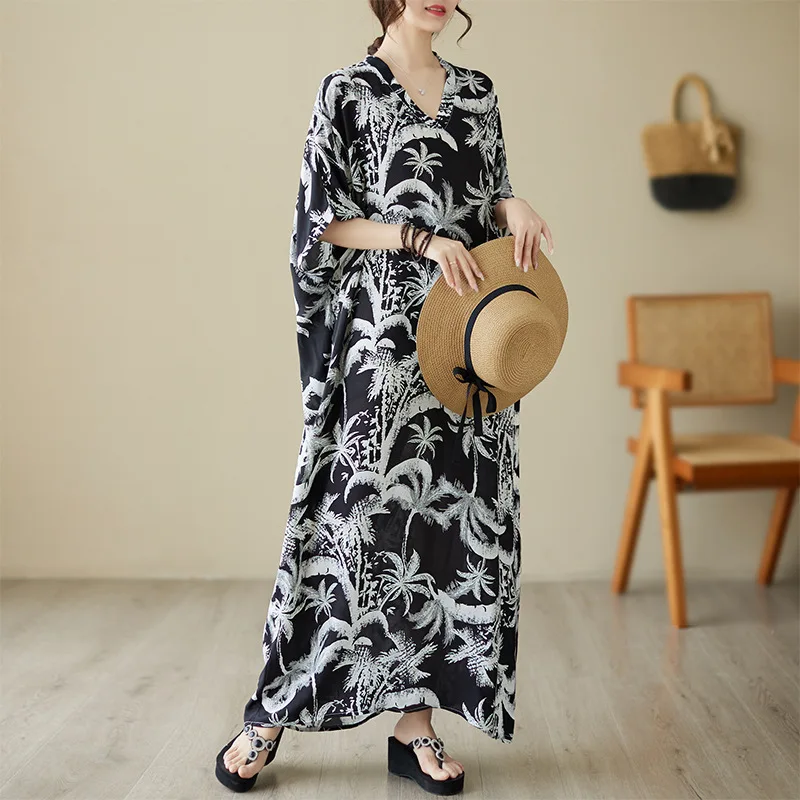 

X2050 Bohemina Fashion Summer Large Size Dress For Women V Neck Retro Leaves Print Short Sleeve Long Dresses