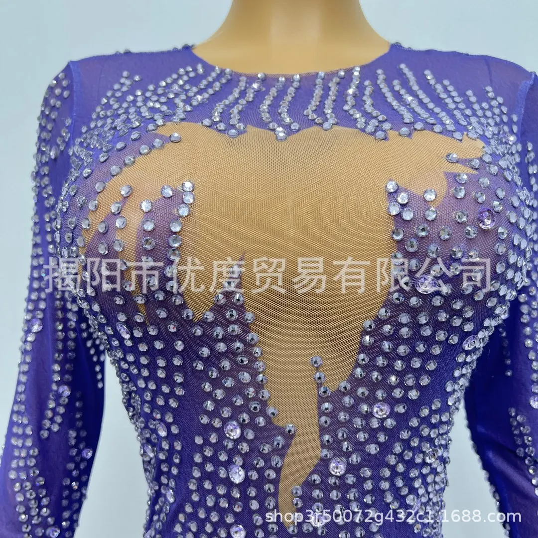 طاقم الرقبة ضيق مثير منظور مزاجه فستان بار حفلة ليلة حفلة تنورة قصيرة الأداء الأرجواني الصوف Vestidos Brillantes