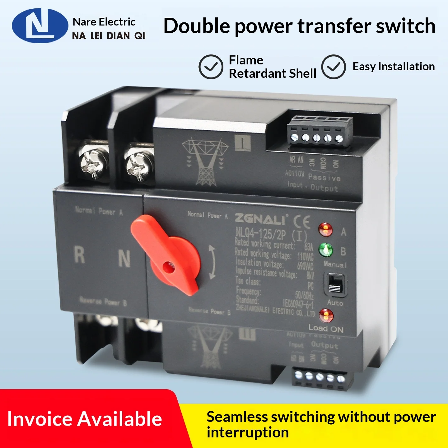 

2P/3P/4P Dual Power Uninterrupted Transfer Switch, PV/Mains/Generator Power Switcher, 230V, Millisecond-level Switching