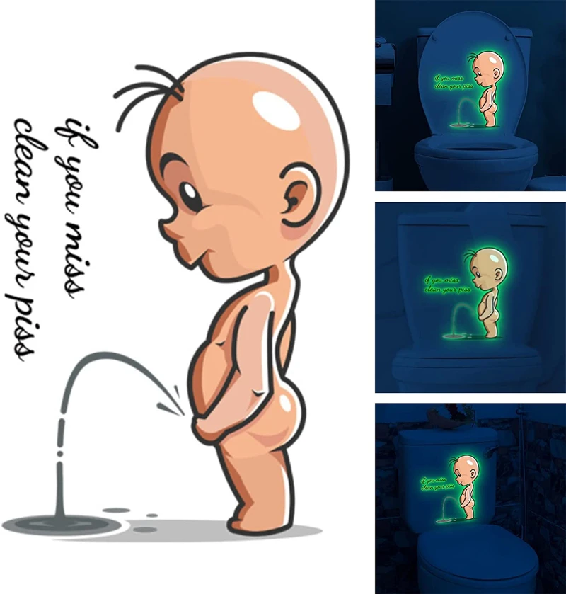 Cartoon Glow Toilet Sticker Child Peeing Funny Warning Urination Toilet Lid WC Door Sticker Removable Self-Adhesive Decor Paper