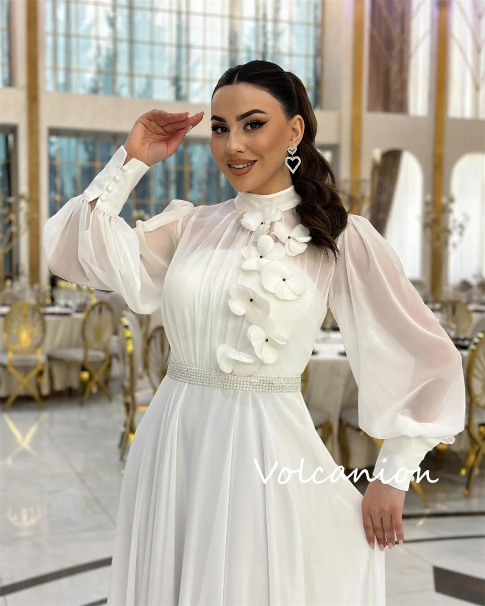 カスタマイズされたカジュアルシフォンアップリケプリーツAラインハイカラーロングドレスオーダーメイド機会モダンスタイルクラシック