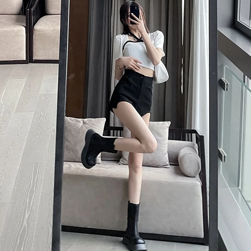 Skinny Women's Shorts Cute Knit Black Mini Booty Kawaii Sexy Tight Short Pants for Woman To Wear Hot XL Elegant Korean Style XXL