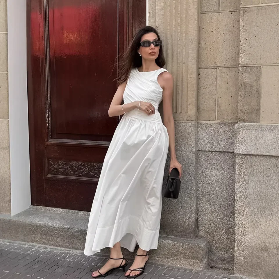 

2026 Summer Vacation Style Round Neck Sleeveless Shirred Irregular Vest Dress Women Temperament Elegant Long Dress