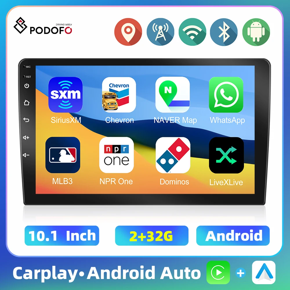 Podofo 10.1'' 4Core Universal Car Radio HiFi Multimedia Player GPS Navigation WIFI Carplay Android Auto Bluetooth Car Stereo