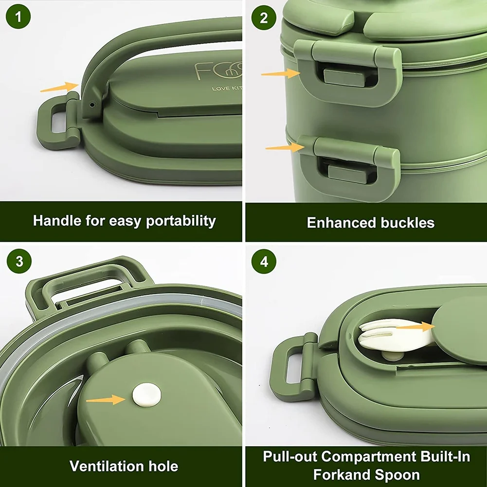 BFYL-กล่องอาหารกลางวัน,LeakProofกล่องBentoสําหรับเด็กผู้ใหญ่,ชุดช้อนส้อมกล่องBento,สําหรับเด็กชายหญิงผู้ใหญ่ทํางานโรงเรียนสีเขียว