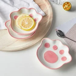 2023 Japanese Cute Cat's Paw Taste Dish Ceramic Cartoon Dessert Plate Soy Fruit Sauce Dish Seasoning Bowl Household Dip Dishes