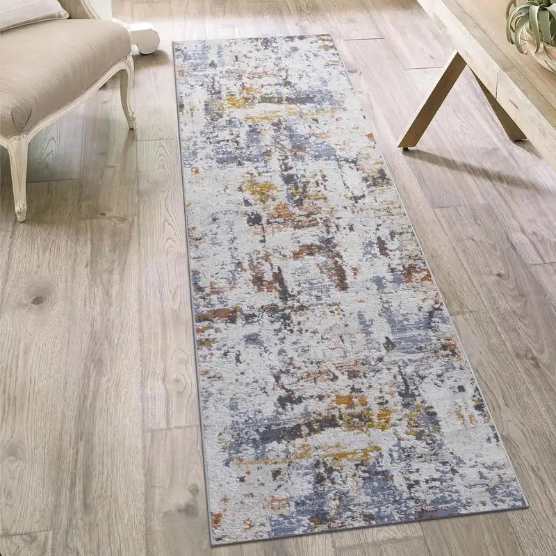 

Abstract Ivory and Blue 2x8 Runner Rug, Elegant Modern Design for Home Décor