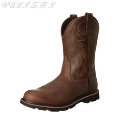 Brown Genuine Leather Men's Cowboy Boots Fashion Cowhide Waterproof Casual Men Shoes Embroidered Slip-On Mid Calf Botas Male