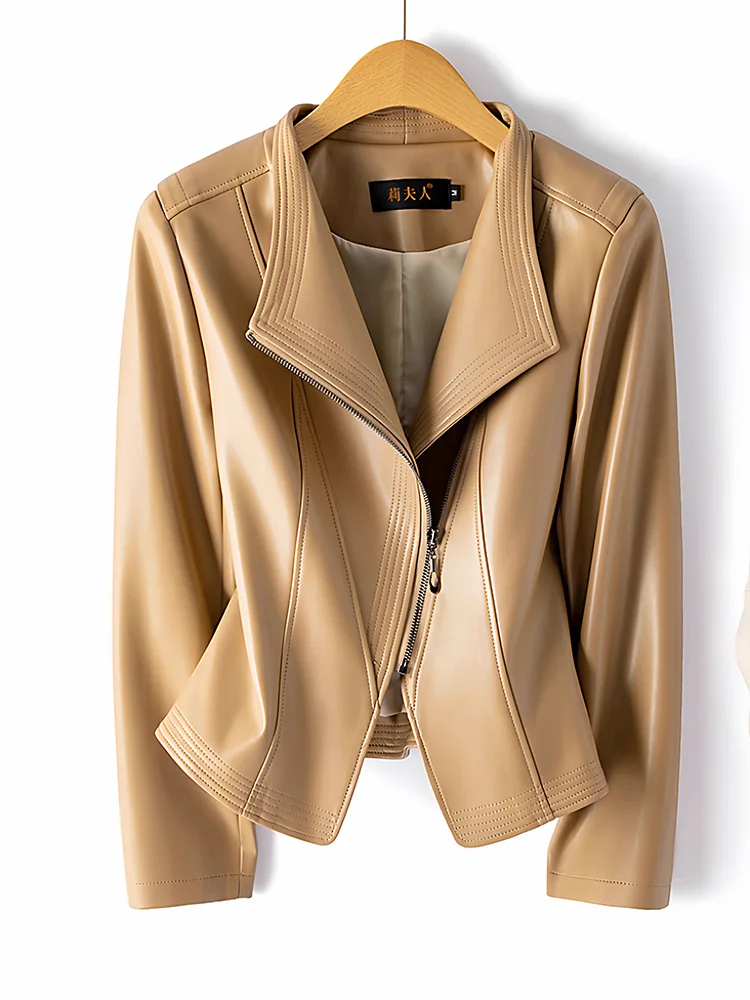 جديد نساء ربيع خريف جلد مقسم سترة موضة ياقة مطوية خصر نحيف سترة غير رسمية بساطة معطف جلدي قصير