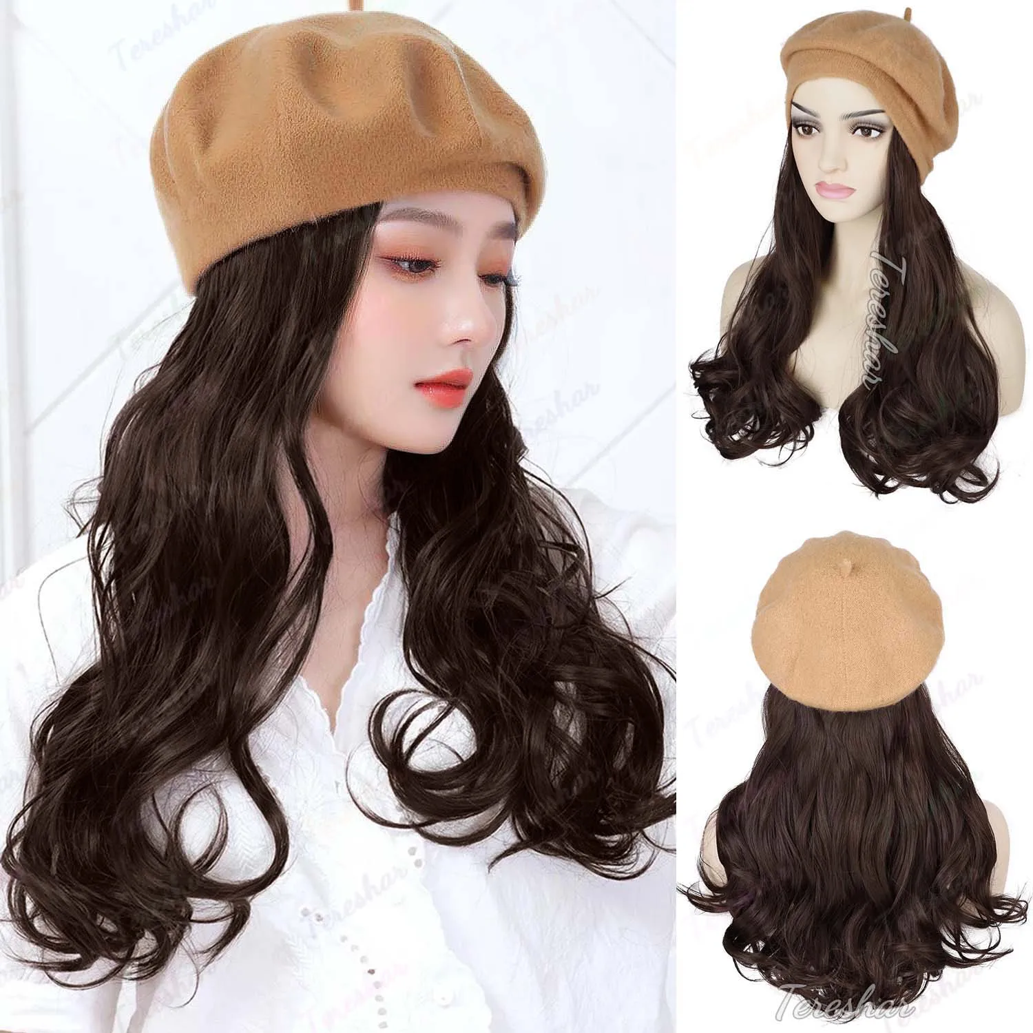 

Synthetic Hat Wig Long Curly Wave Wig Black Brown Beret Wig for Women Daily Party Naturally Hat Hair Extensions Wig