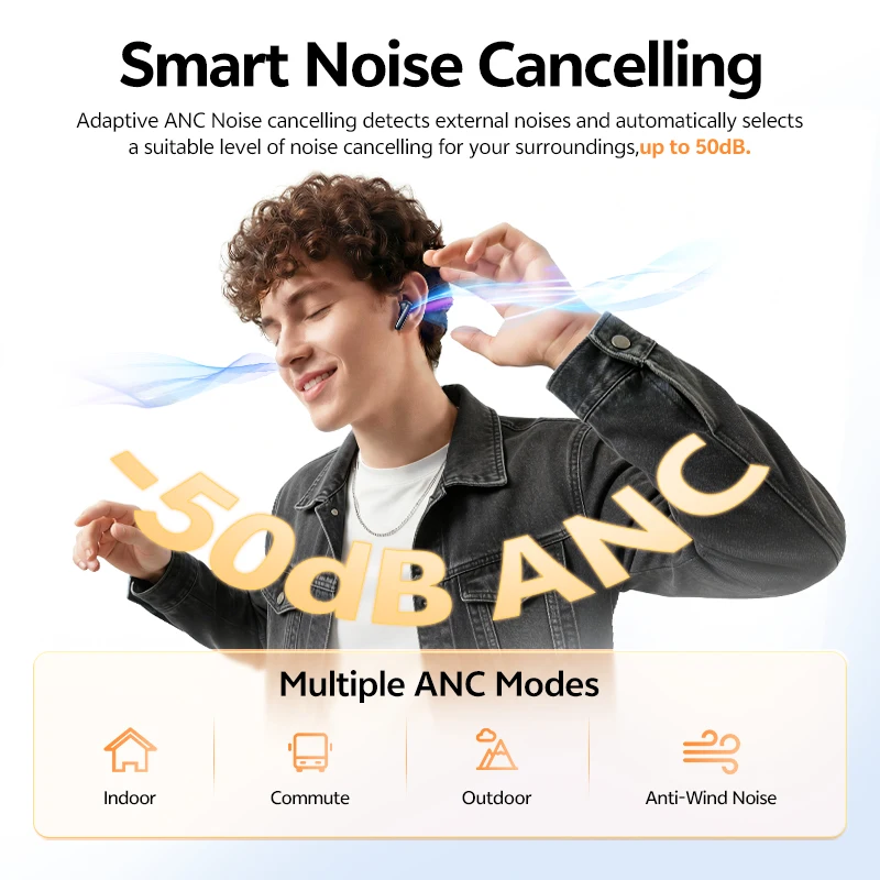 QCY T13 Pro HT23 Adaptive ANC Wireless Earbuds 13mm Drivers Powerful Bass 50dB Hybrid ANC Bluetooth 6.0 Earphones 6 Mics ENC 47H image 2
