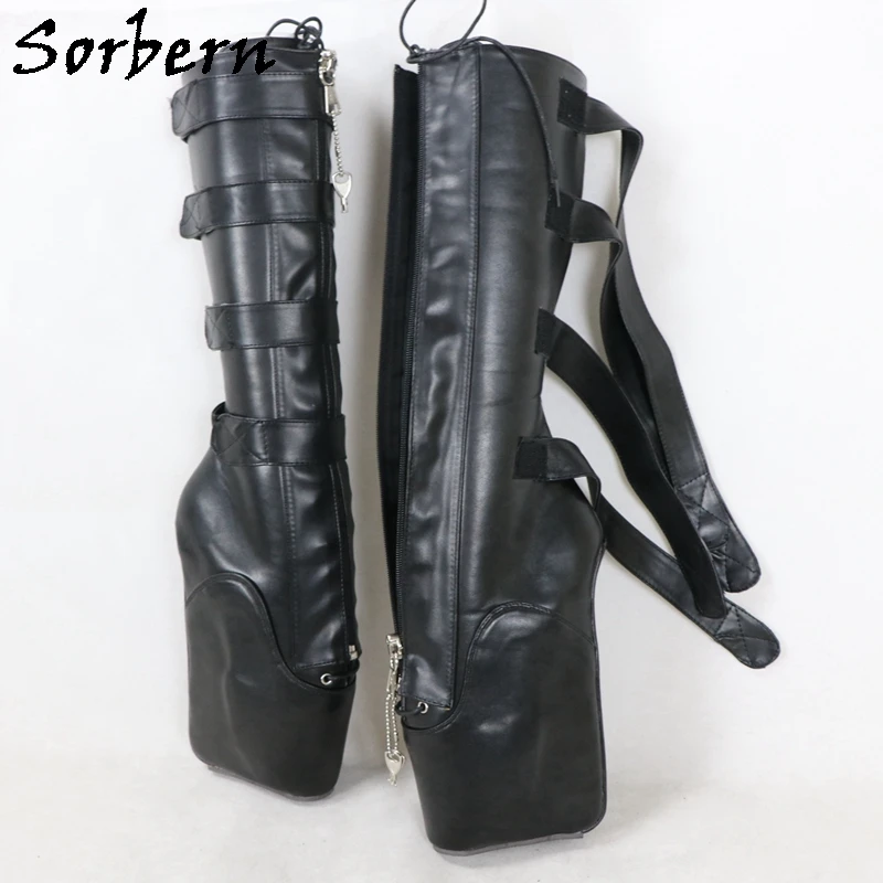 

Sorbern Black Matte Multi Straps Ballet Wedge Boots Women Heelless Fetish Pinup Tiptoe Shoes Knee High Female Boot Custom