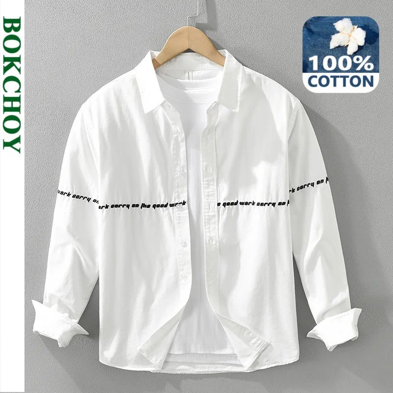 2024 Autumn New Casual Embroidery 100% Cotton Shirts for Men Clothing Simple Soft Long Sleeve Men Shirts CM7339