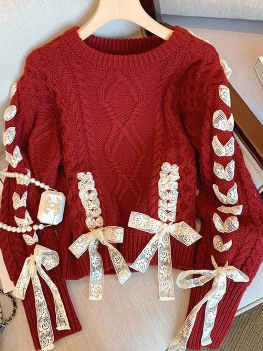 Thiened レッドレースノットツイストニットウェア女性用冬シーズン通勤スレ韓国ルーズフィットラウンドネロングスベ