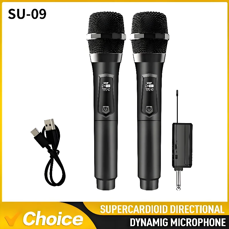 

SU-09 Беспроводной микрофон, 2-канальный UHF, фиксированная частота, U-образный перезаряжаемый ручной микрофон «один-два», караоке, церковные встречи