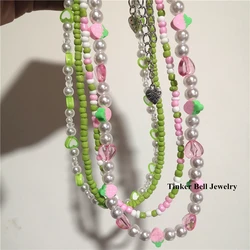 Korean Trendy Retro Cute Pink Green Pearl Peach Heart Necklace For Female Girl Party EMO Grunge Y2K Harajuku Jewelry Accessory
