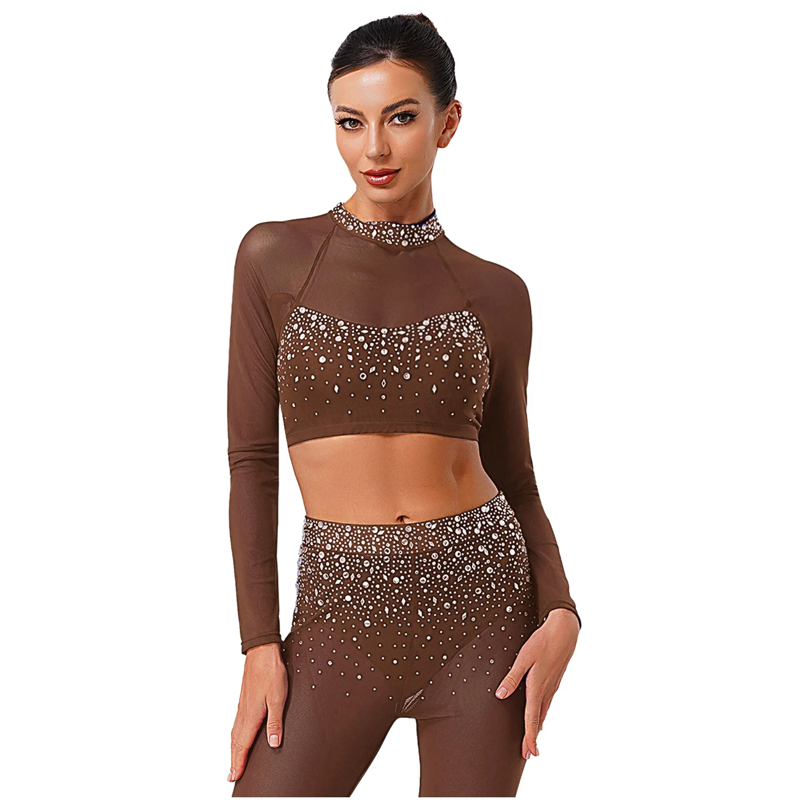 

Women Rhinestone Gymnastics Skating Dance Crop Tops Sheer Mesh Patchwork Long Sleeve Top Dancewear for Latin Tango Rumba Dance