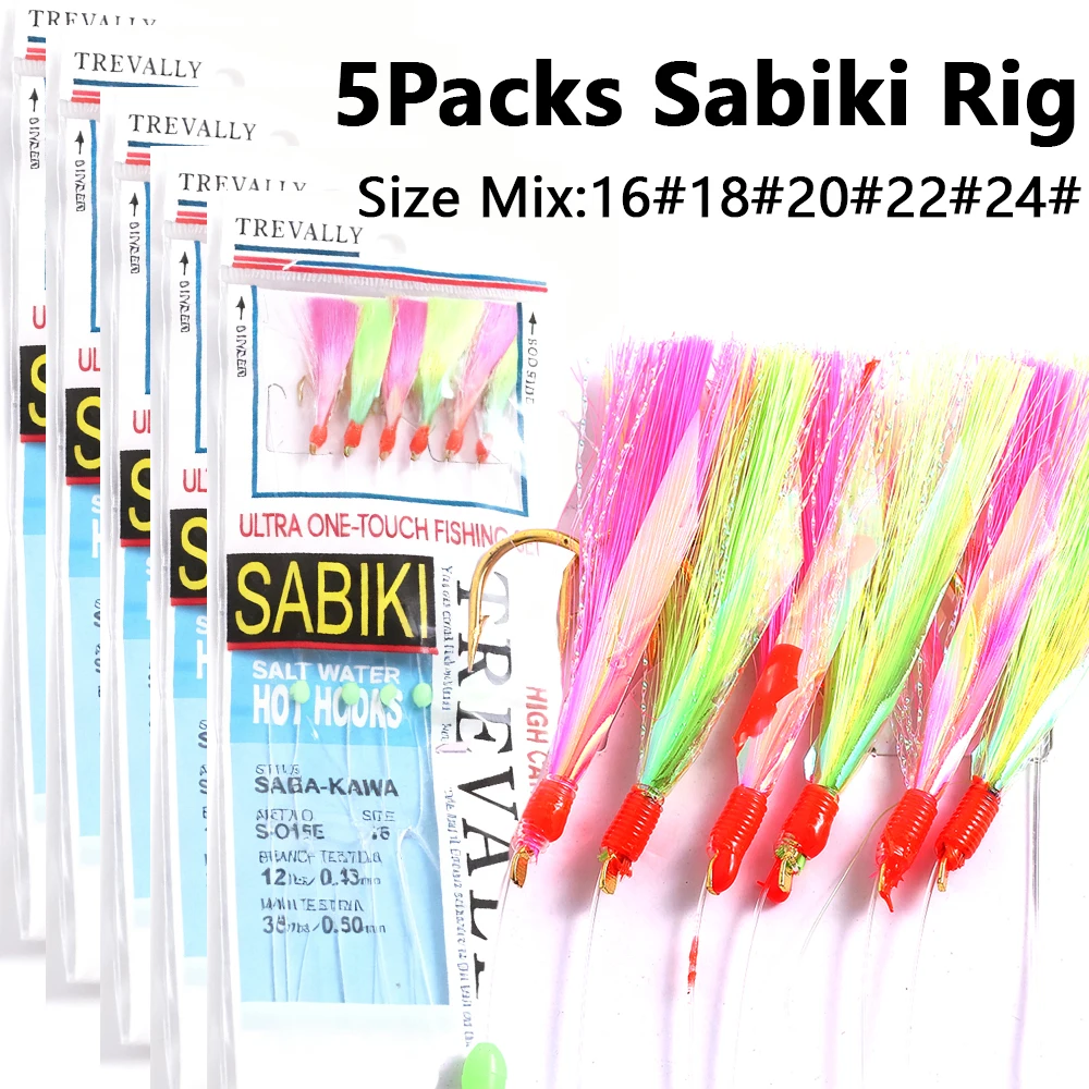 5 pacotes de pesca Sabiki Rig - Ideal para cavaleiros, robalo - inclui vários ganchos com saias de peixe de papel arco-íris vermelho e verde