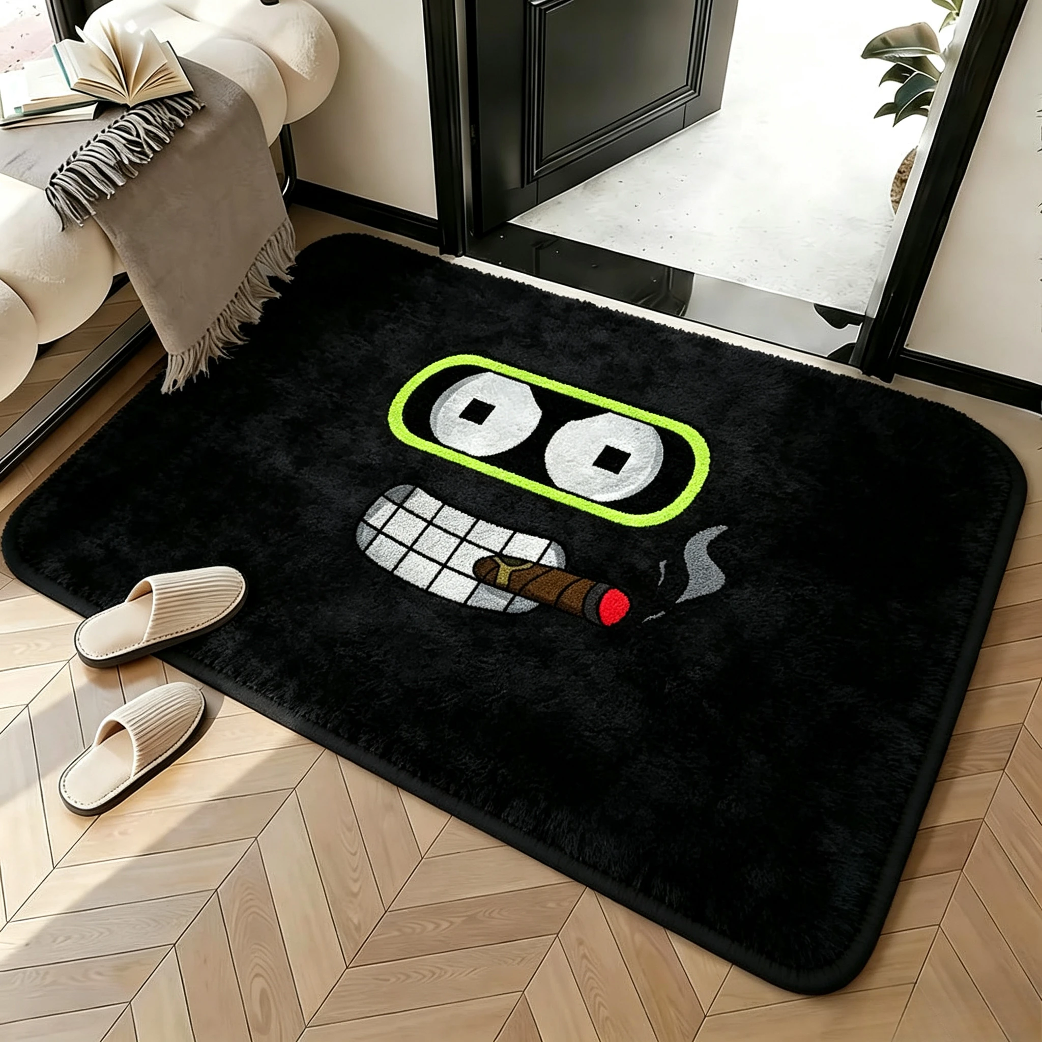 Cool Stylish Decorative Floor Mat Cartoon Funny Face Cigar Print for Home Indoor Trendy Street Theme Home Welcome Party Decor