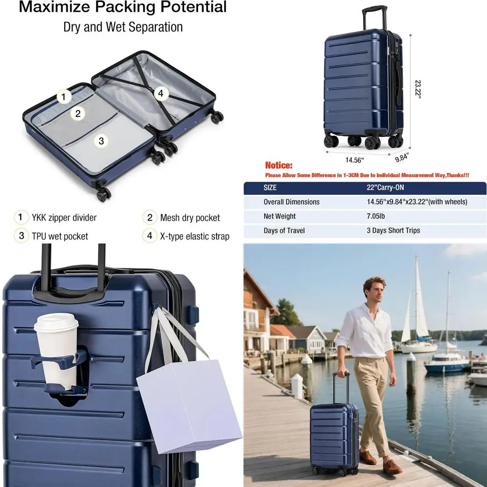 22 Navy Hardshell Spinner Carry-On Suitcase with TSA Lock & Cup Holder for Travel