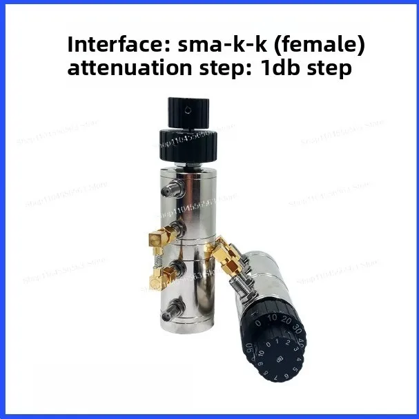The drum knob features a tunable attenuator ranging from 0 to 100 dB, with a step size of 1 dB.