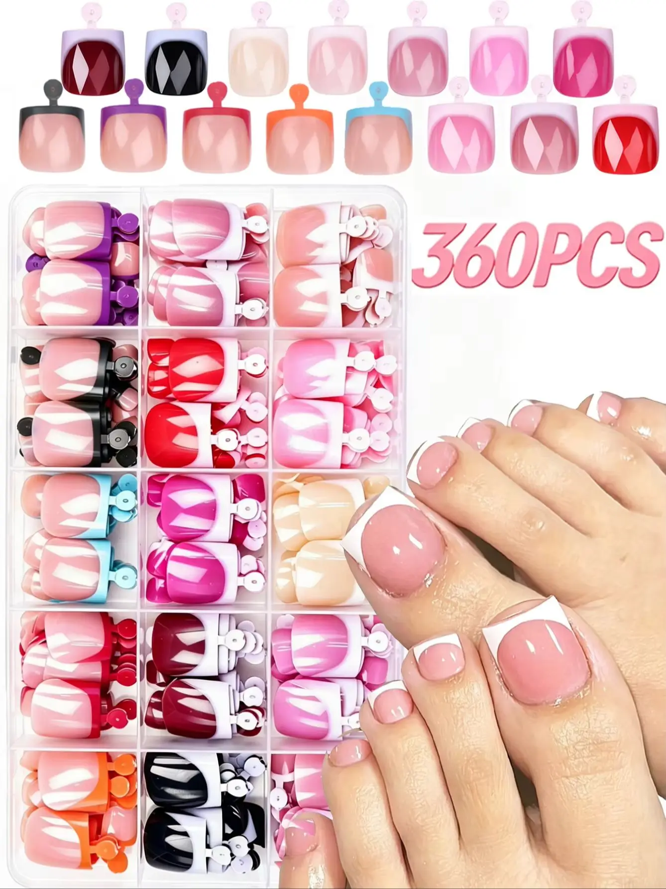 360Pcs Short Square Press On Toenails French Gradient False Toe Nails Full Cover Glossy Acrylic Fake