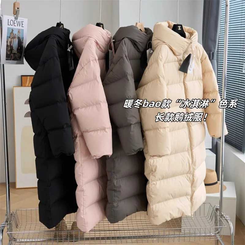 G102506~Ice Cream Color Series90White Goose down Mid-Length down Jacket Slimming Hooded Thick Warm Jacket24