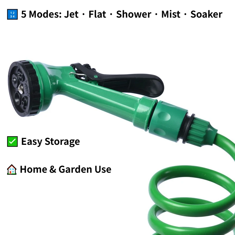 Adjustable hose Retractable Garden Watering Gun - 5 Function Hose Nozzle Spring Coil Hose for Car Wash Plant Watering