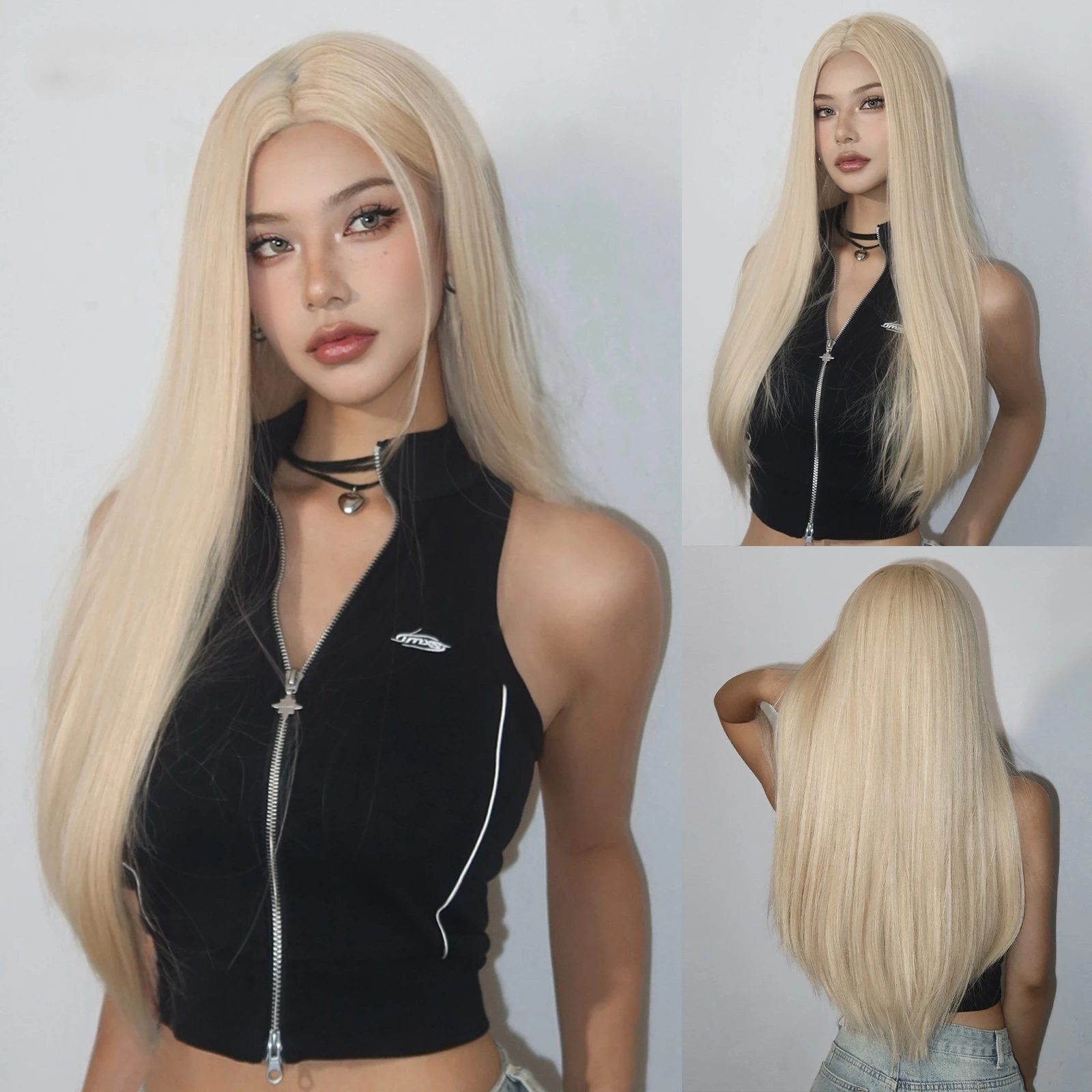 

Light Blonde Long Straight Synthetic Middle Part Cosplay Lolita for White Women Heat Resistant Fibre Natural Wigs