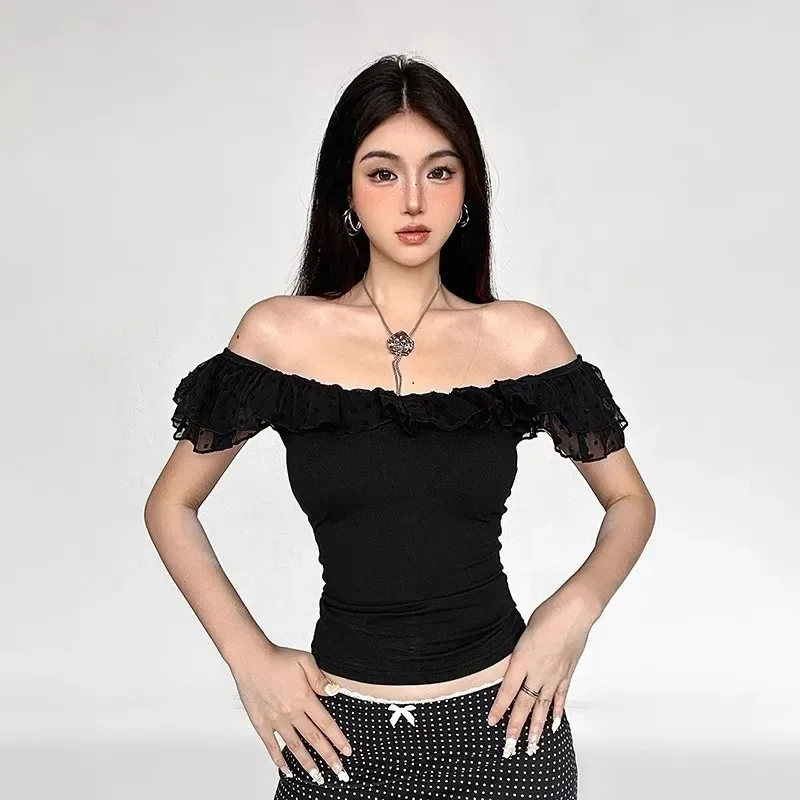 Women's Black Ruffle Trim Crop Top Swiss Dot Mesh Cap Sleeve  Neck Fitted Slim Fit Y2K Coquette Top - view 5