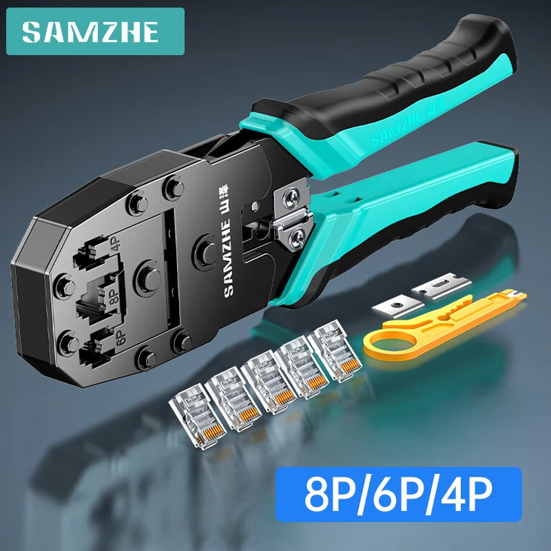 SAMZHE RJ45 Crimp Plier 8P 6P 4P Crimper Stripper Cutter 3-in 1 for Cat7 Cat6 Cat5e 8P8C Modular Connector Ethernet Wire Tool