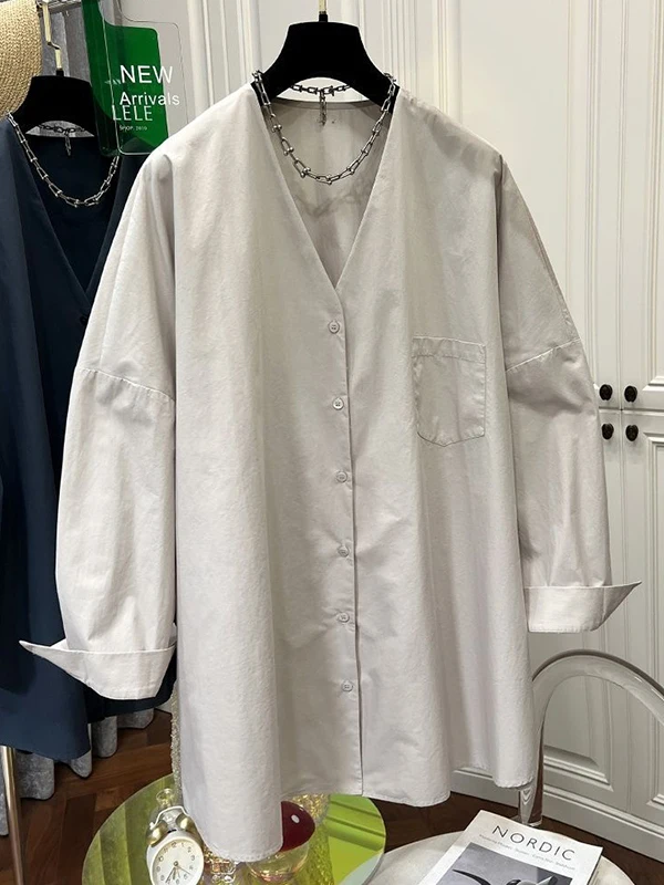 

plus Size 300 Pounds Shirt Women Loose Thin Autumn Versatile Long Sleeve V-Neck Casual Style Comfortable Breathable Casual Shirt