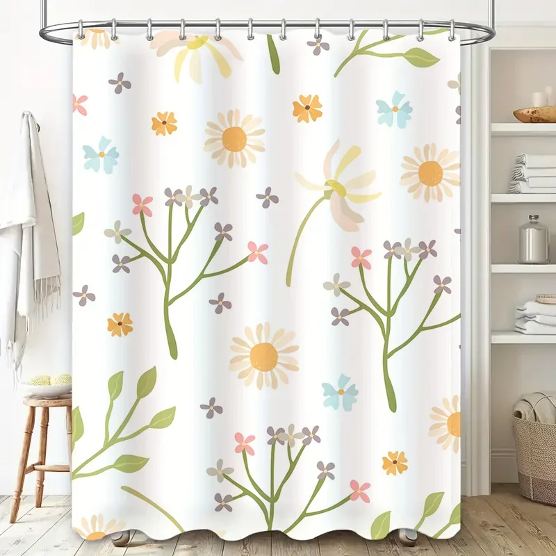 ~O~Spring Floral Shower Curtain Soft Waterproof Fabric Decorative Bathroom Liner for Kids' Bathroom White Green Yellow Purple Co
