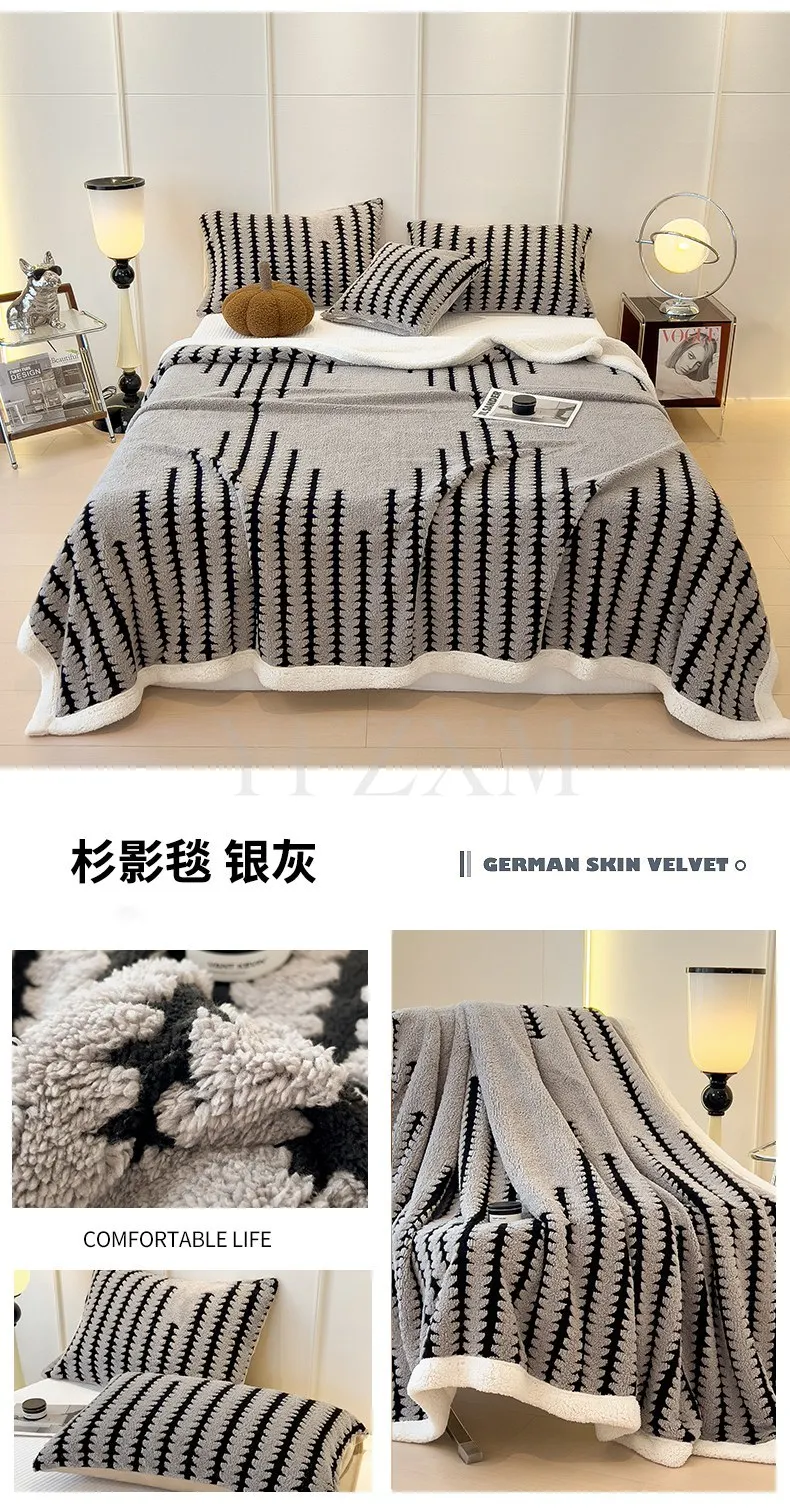 Double Layer Fleece Warm Winter Blanket Striped Thick Plush Blanket for Single Double Bed Multipurpose Sofa Throw Blanket Autumn