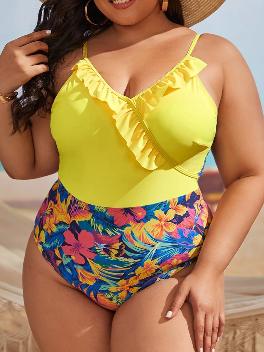 Strój kąpielowy damski jednoczęściowy plus size z falbankami w kwiaty, duży rozmiar, na plażę, do pływania, 2026