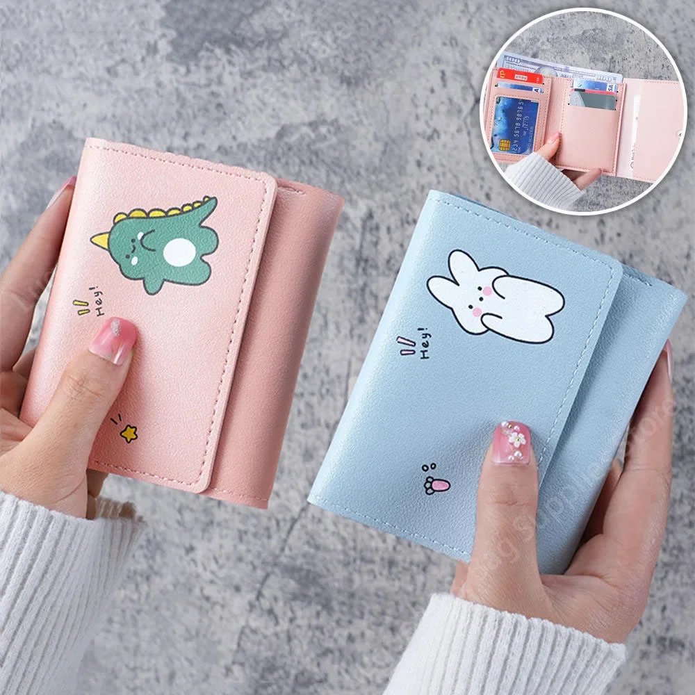 Dompet wanita kecil lucu pendek tempat kartu lipat tiga pelajar tas ID perempuan dompet koin tempat kartu tas kartun wanita